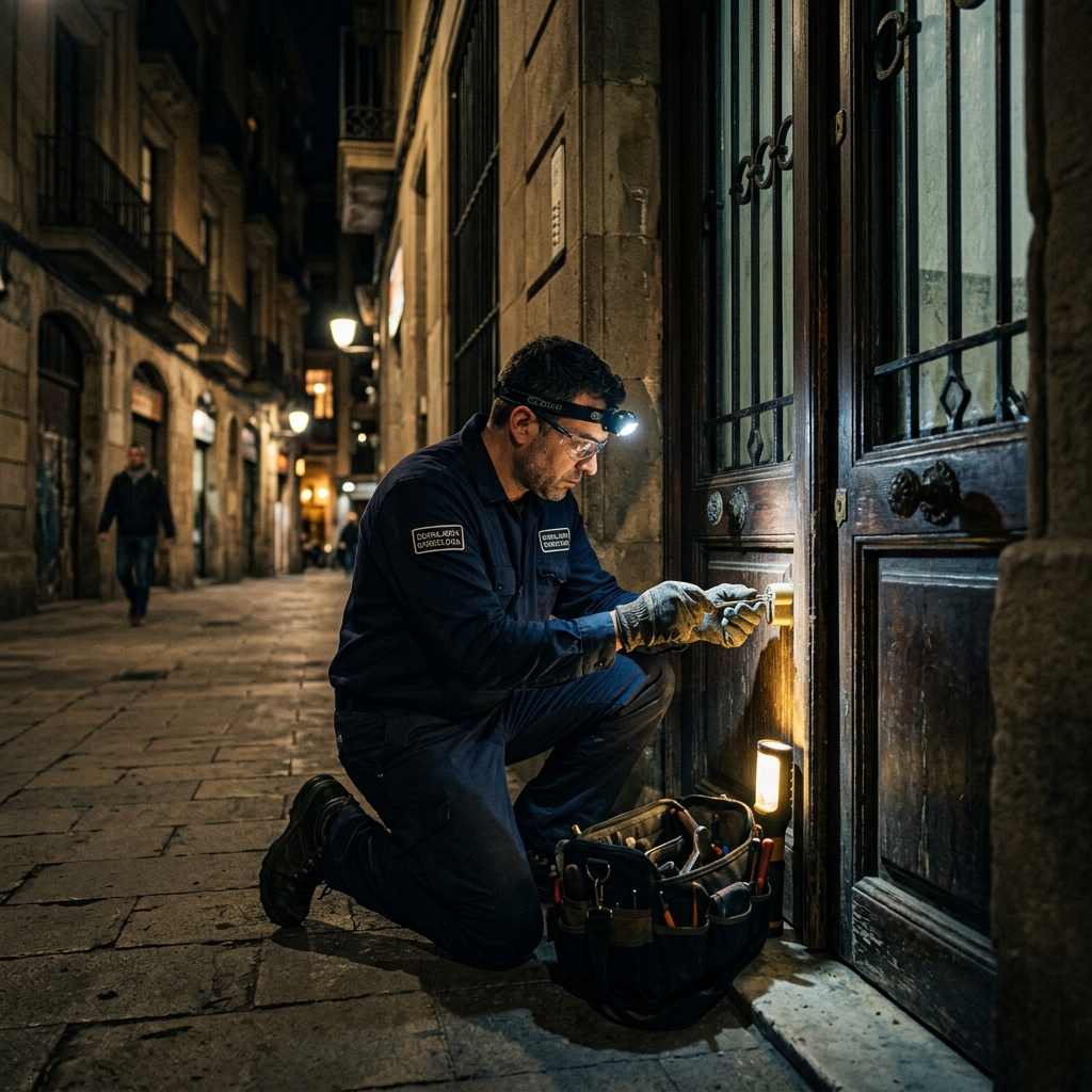 Cerrajero trabajando de noche en edificio Barcelona