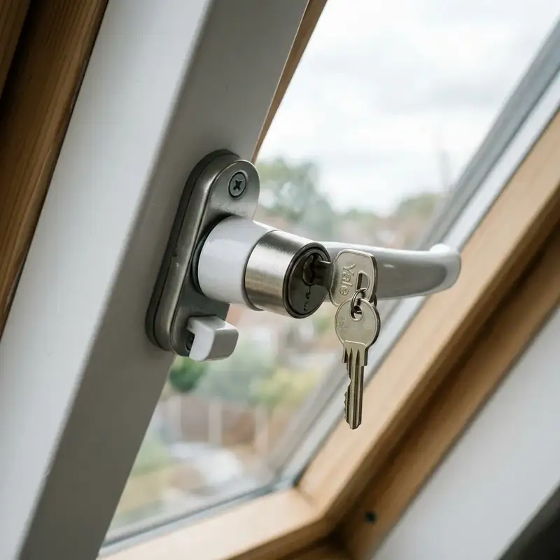 Cerradura de seguridad con llave instalada en manilla de ventana Velux inclinada