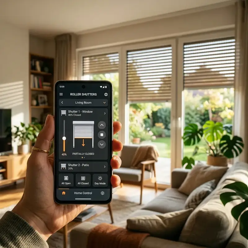 Smartphone con aplicación domótica controlando las persianas inteligentes del hogar
