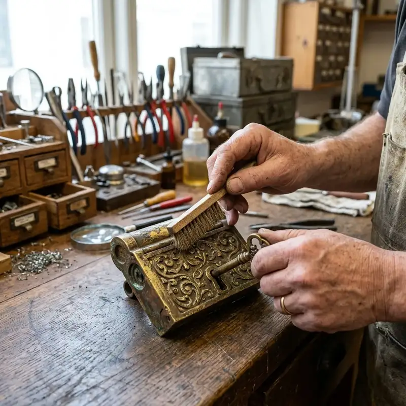 Restauración artesanal de cerradura de latón antigua en taller