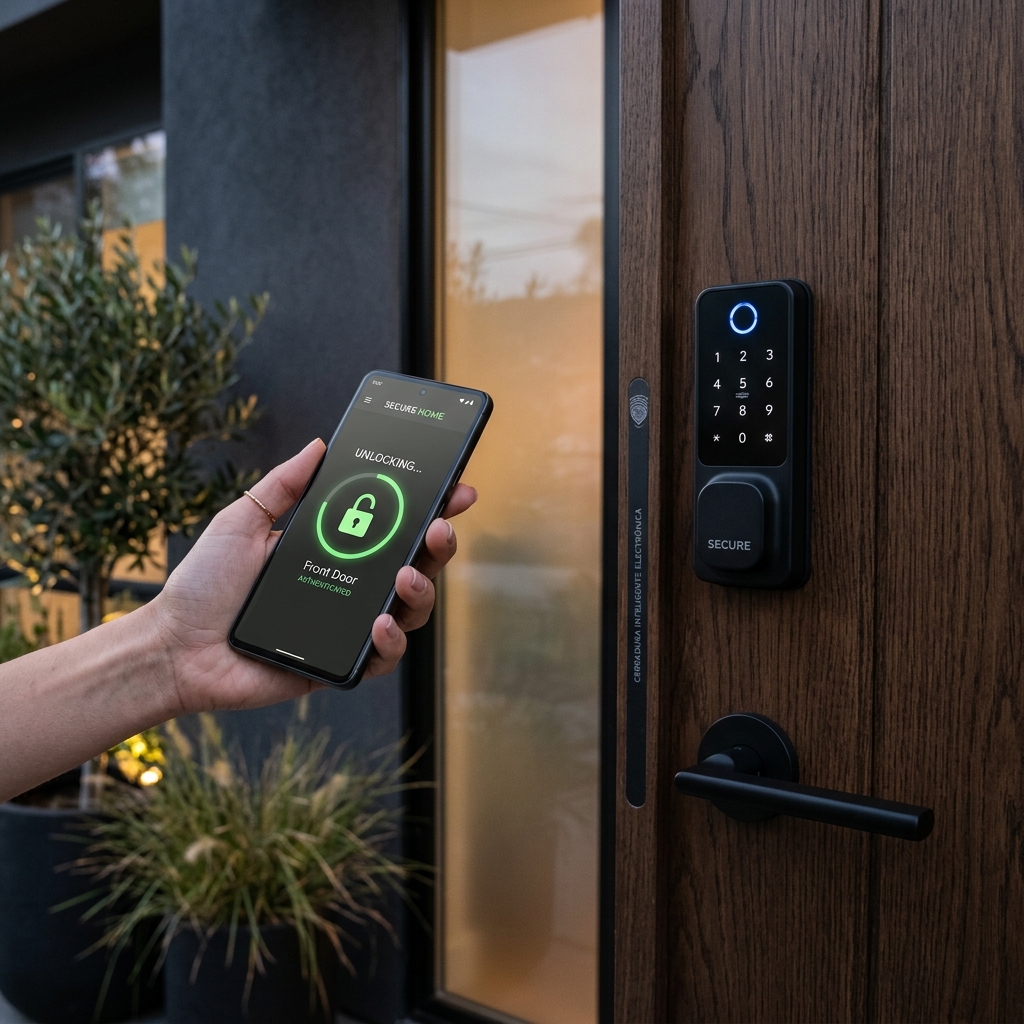 Mano desbloqueando una cerradura electrónica moderna desde una aplicación en el smartphone