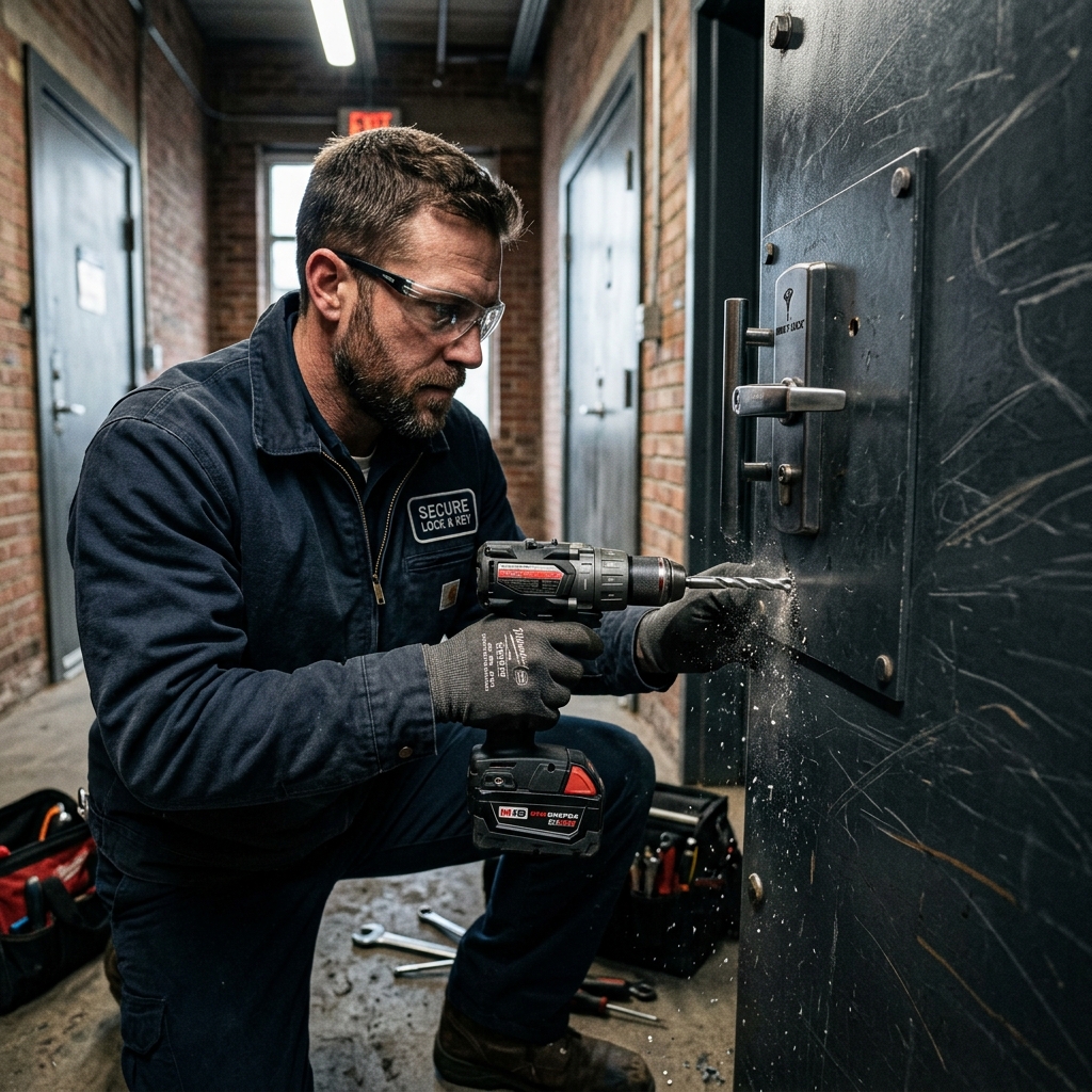 Cerrajero utilizando taladro de precisión en puerta acorazada
