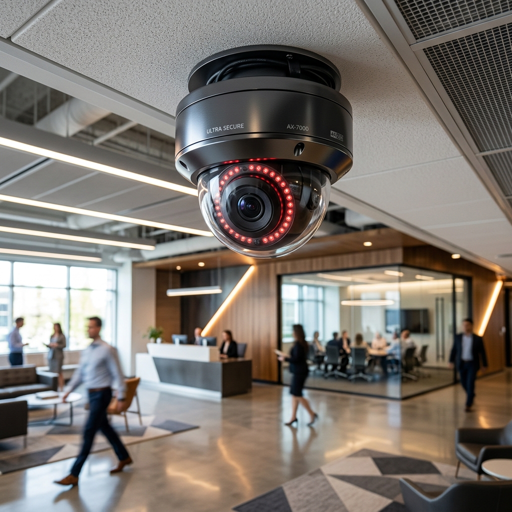 Cámara de videovigilancia de alta tecnología instalada en el techo de una oficina