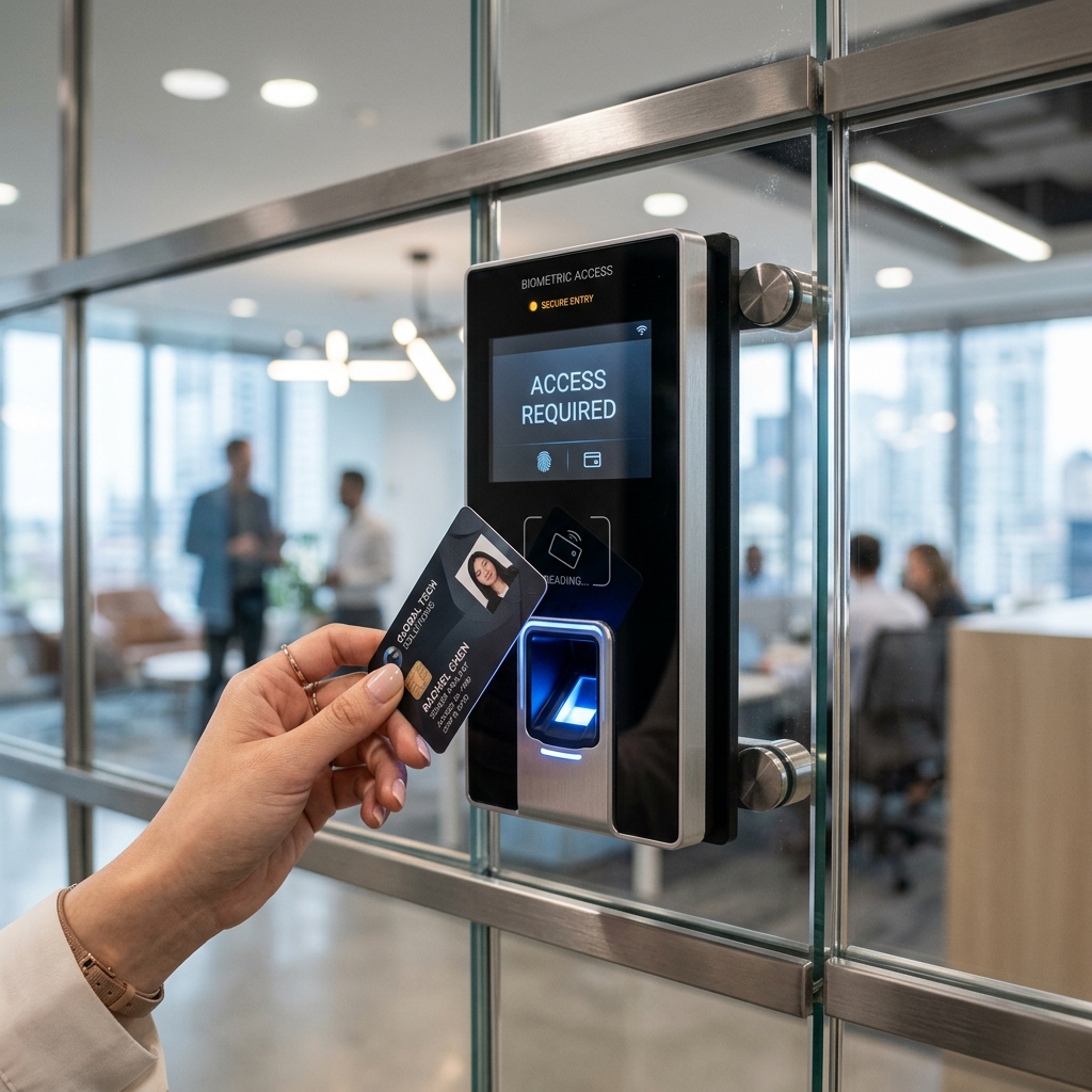 Mano utilizando una tarjeta RFID en un panel biométrico de control de acceso