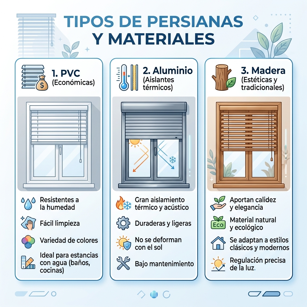 Infografía: Tipos de persianas y materiales de fabricación