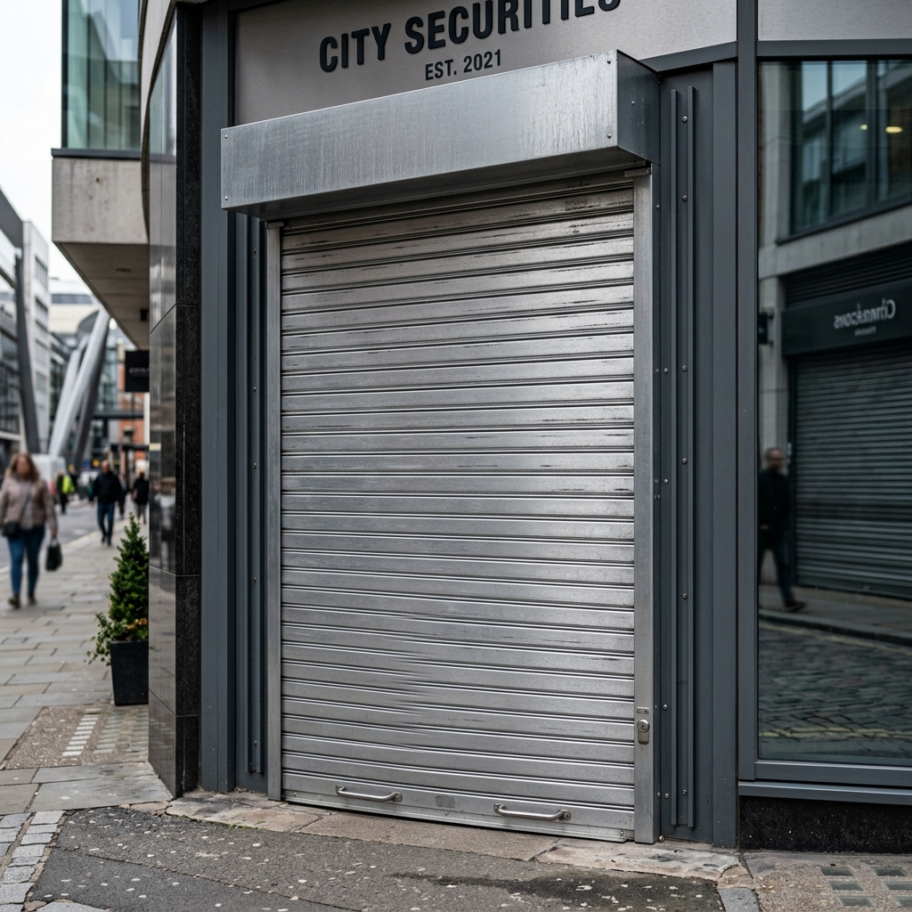 Persiana enrollable de seguridad metálica robusta en un local comercial