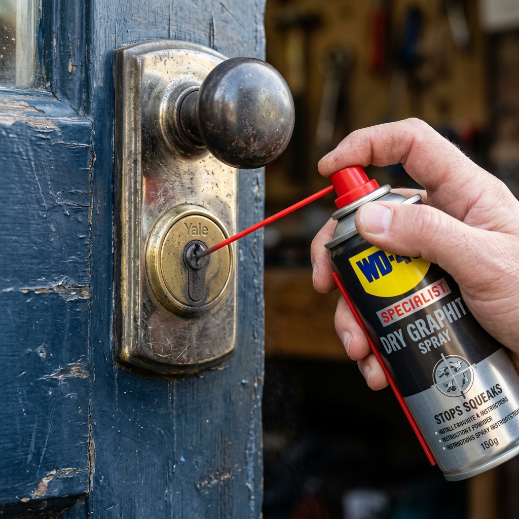 Aplicando lubricante de polvo de grafito en la cerradura