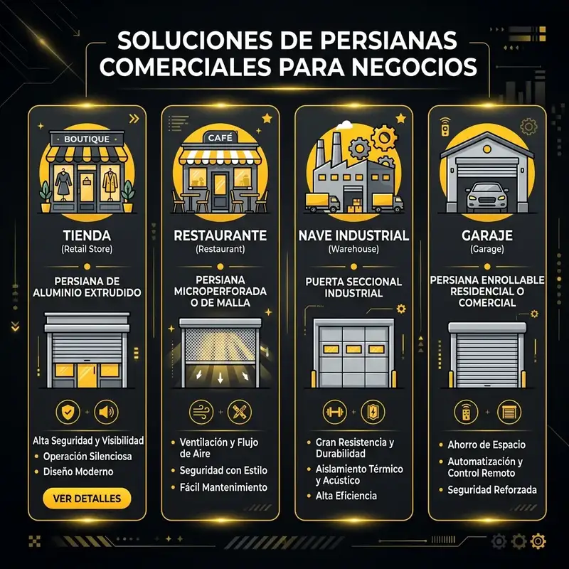 Infografía de tipos de persianas comerciales e industriales