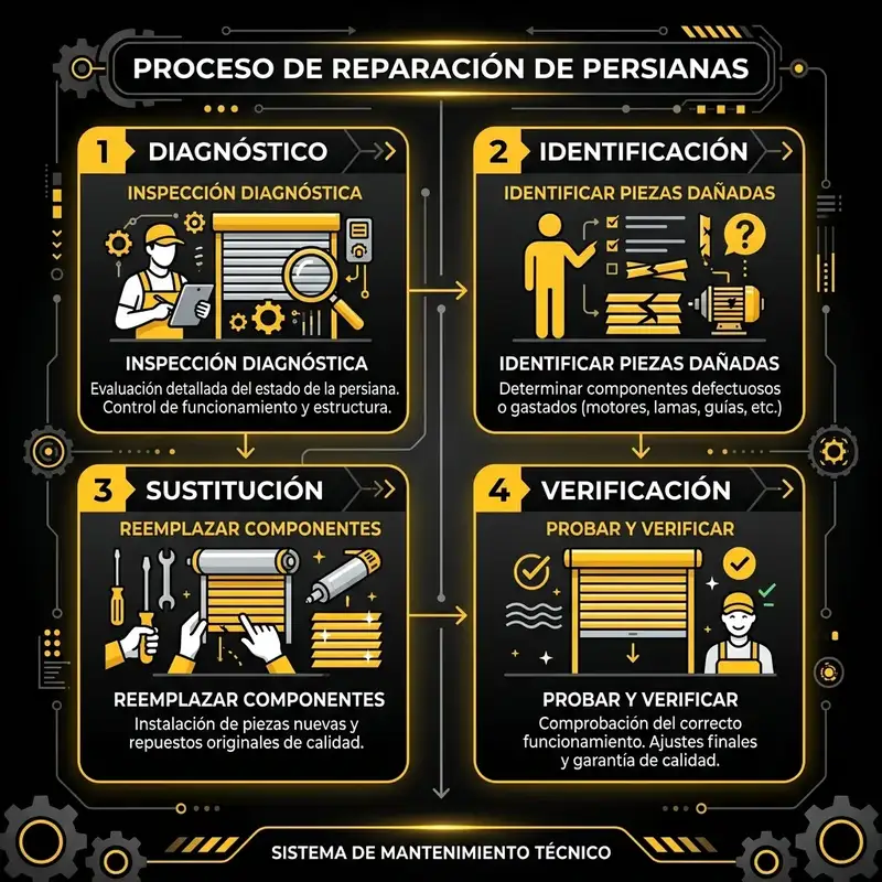 Infografía del proceso de reparación de persianas: diagnóstico, identificación, sustitución y verificación