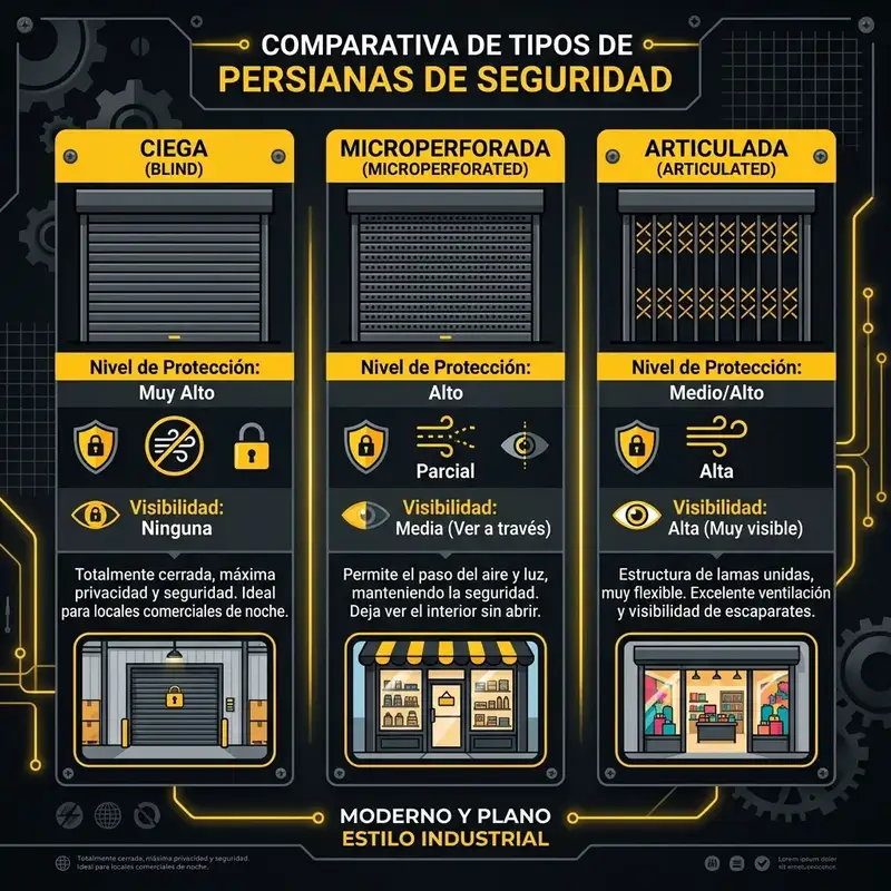 Infografía comparativa de tipos de persianas de seguridad