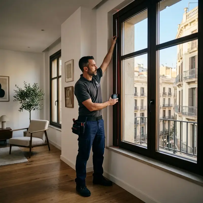 Técnico midiendo ventana para instalación de persiana en Barcelona