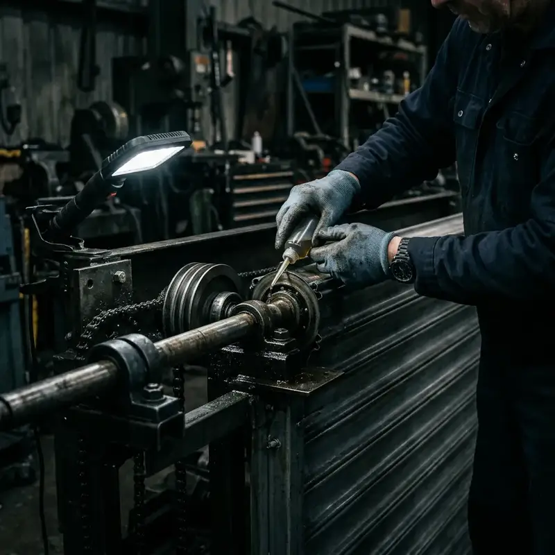 Lubricación del eje de una persiana durante mantenimiento preventivo