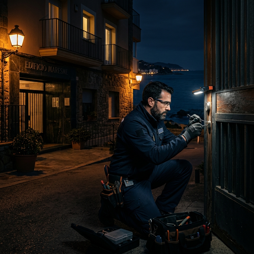 Cerrajero trabajando de noche en edificio costero del Maresme