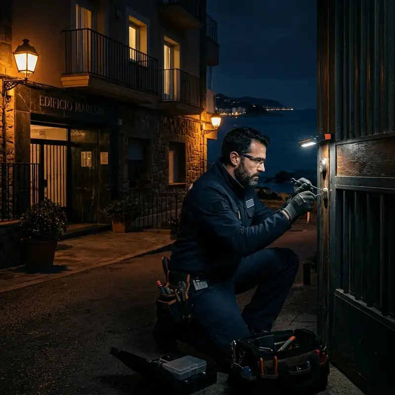 Cerrajero trabajando de noche en edificio costero del Maresme