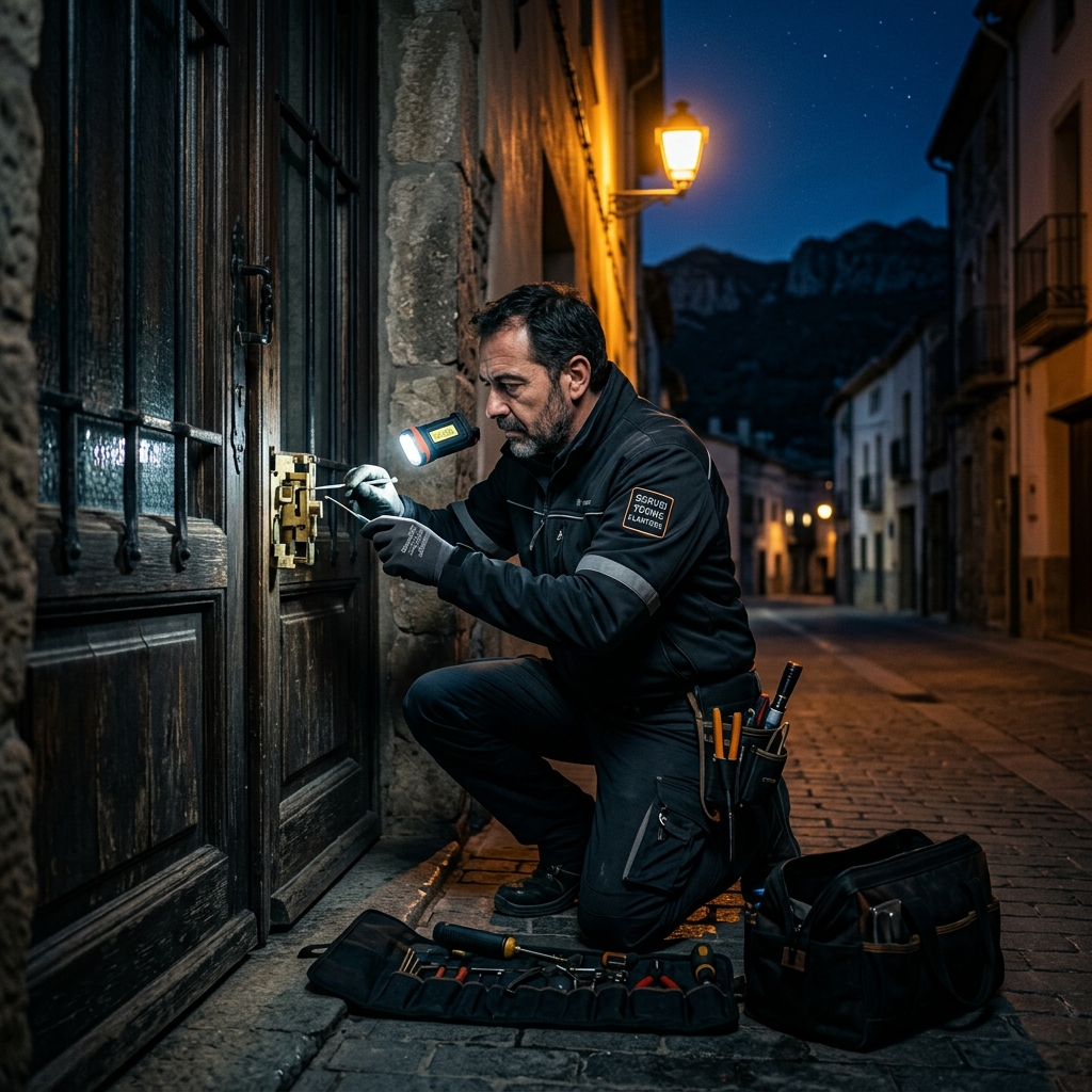 Cerrajero trabajando de noche en edificio del Vallès Oriental