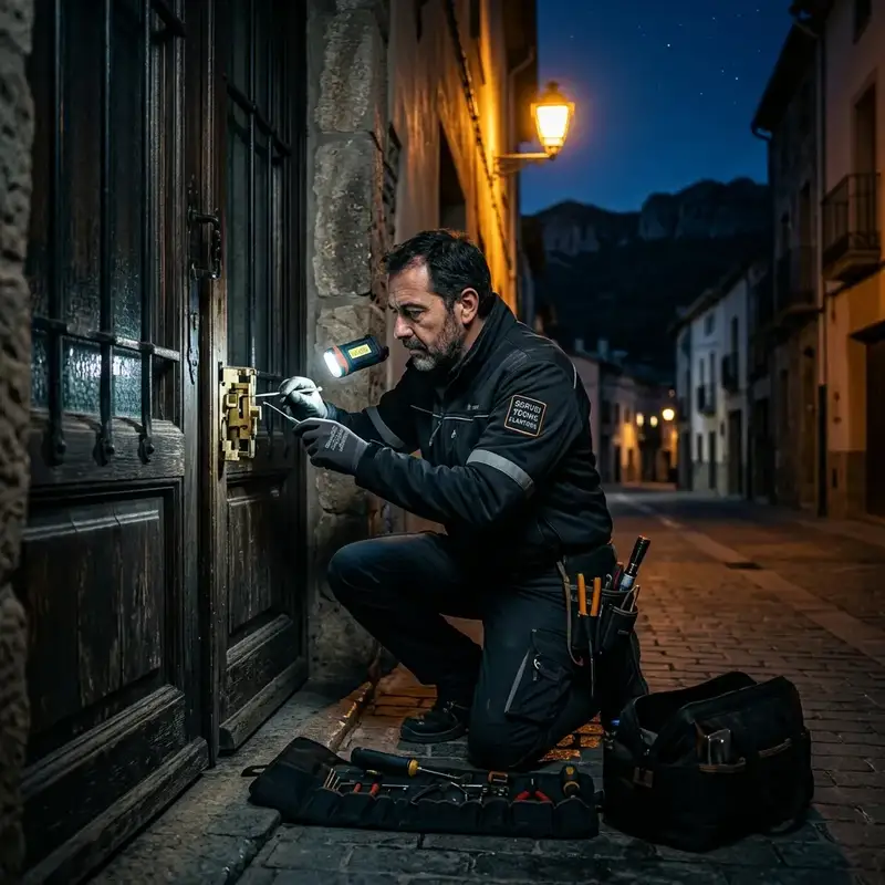 Cerrajero trabajando de noche en edificio del Vallès Oriental